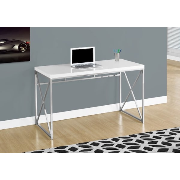 Computer Desk, Home Office, Laptop, Work, Metal, Laminate, Glossy White, Chrome, Contemporary